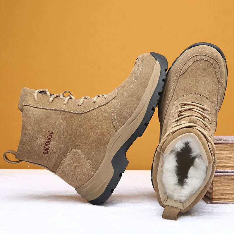 Men's sheepskin and wool integrated snow boots, real leather and fur, winter thick and warm boots slip resistance for Men's ﻿