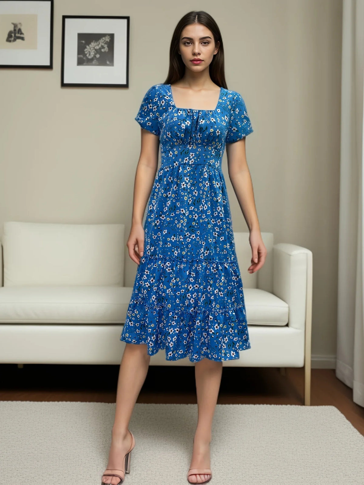Summer Women's Beach Sweet Dresses Vestidos Vintage Print Puff Sleeve Casual Square Collar Floral Female Maxi Long Dress