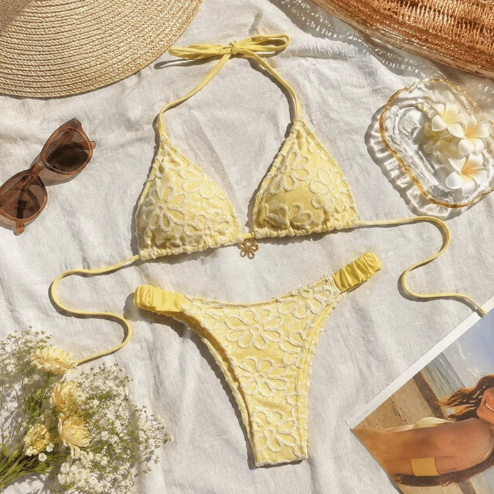 Bathing Suits Two-Piece Halter Bikini Set Deep V Low Waist Ladies' Swimwear Lace-up Flower Summer Beachwear Women
