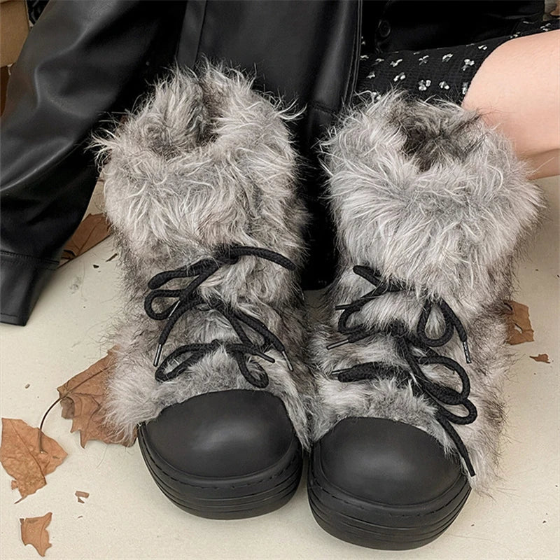 Retro Trendy Hairy Snow Boots for Women in Winter 2025,Fashion Warm,Cold Resistant,Thick Soled,Height Increasing Platform Boots