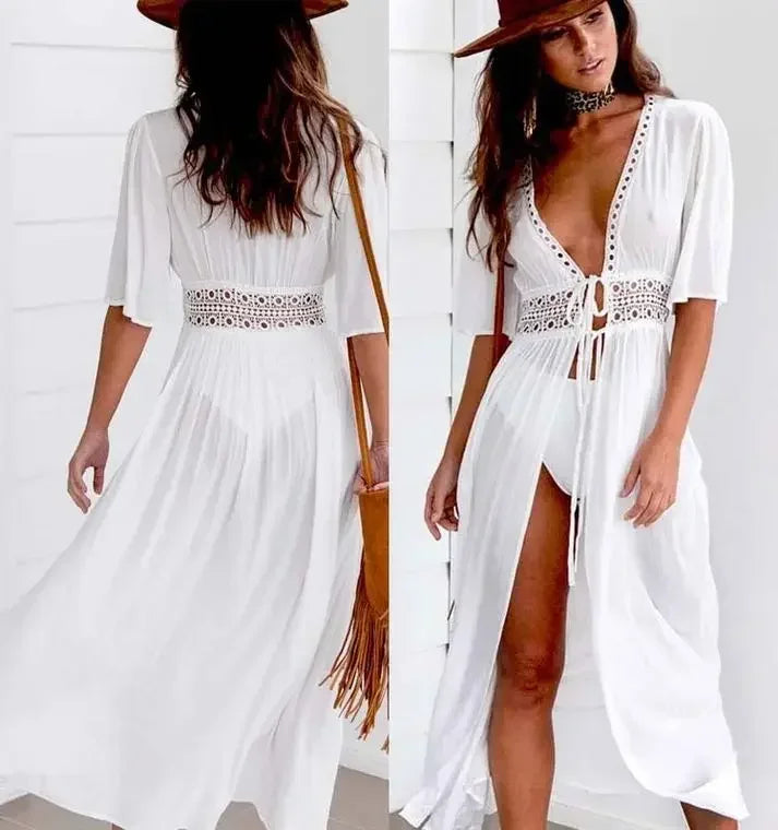 Bikini Cover Up Beach Long Maxi Dress Women Beach Cover Up Tunic Pareo White V Neck Dress Robe Swimwear Bathing Suit Beachwear