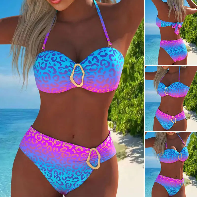 Women's High Cut Bikini Set Solid Color Bandeau Top Bottom Bathing Suit Sexy Beachwear Summer Swimming Wear