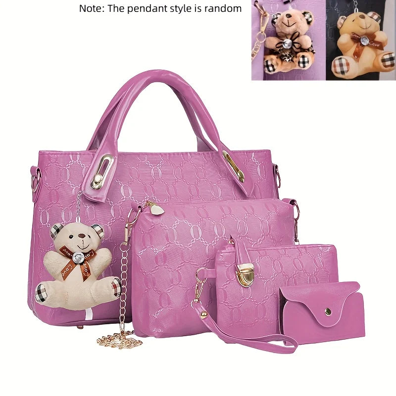 Fashion Embossed 4Pcs Women Handbag Set PU Tote Shoulder Bag Wallet Purse With Bear Pendant Daily Bags