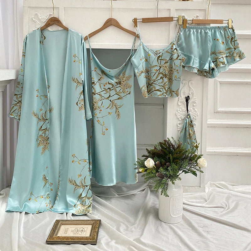 4PC Silk Robe Sleep Suit Womens Lace Satin Pajamas Gown Set V-Neck Cami Nighties Wear Pijama Home Nightwear Spring Nightdress