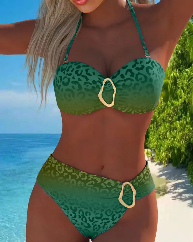 Women's High Cut Bikini Set Solid Color Bandeau Top Bottom Bathing Suit Sexy Beachwear Summer Swimming Wear