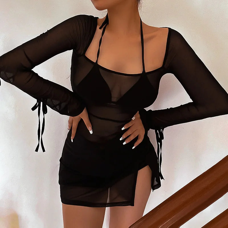 Sexy evening dress hot club set transparent vest for women, long sleeved square collar solid color mini dress for women, Y2k