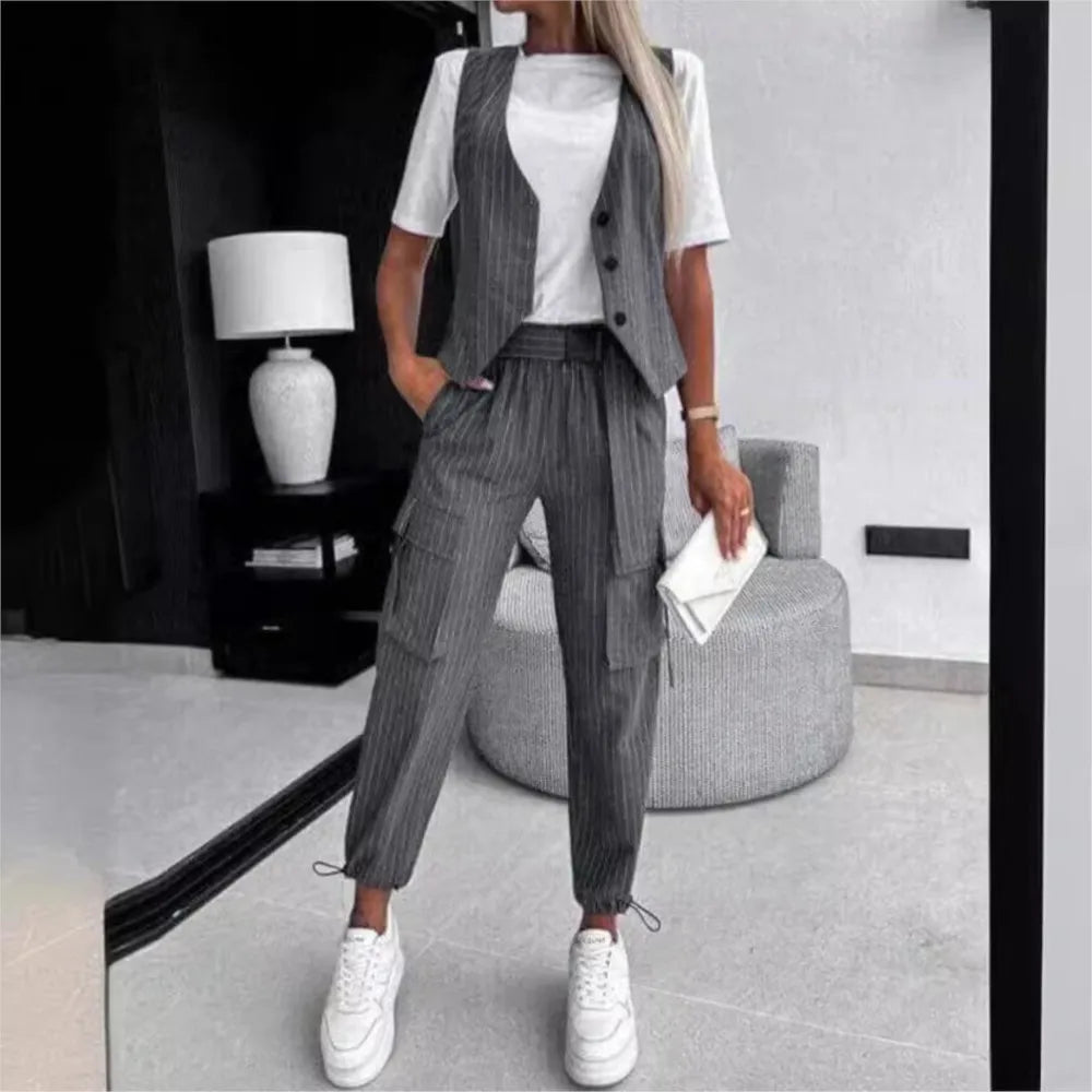 Women's Fashion Striped Printed Vest Trousers 2-Piece Set Spring Summer New Casual Sleeveless Vest Pocket Work Pants Female Set
