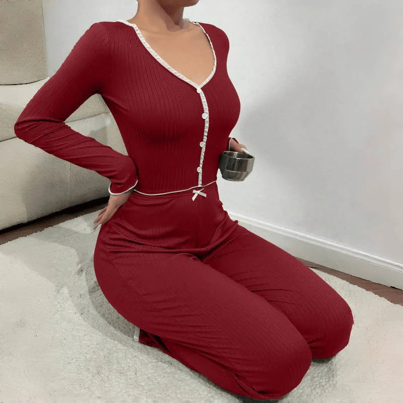 2 Pieces Pajamas Set Women Autumn Winter Sleepwear Long Sleeves T-shirt tops Trousers Female Knit Fabric Pijamas Loungewear