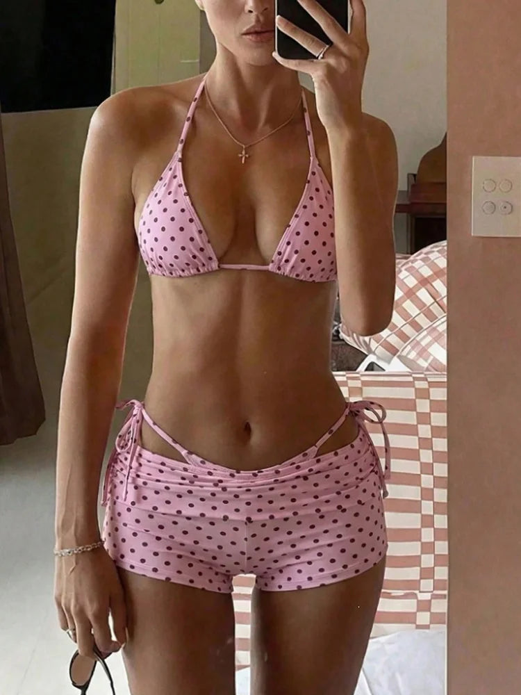 Women's Three‑Piece Bikini Coquette Sweet Beach Vacation Halter Padded Polka‑Dot Side Short Cover‑Up Swimsuit Set
