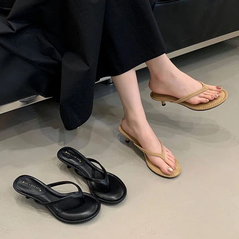 Fashion Round Toe Women Thin Heels Slippers Slides Female Flip Flops Sandals Spring Summer Ladies Heeled Slippers Shoes Pumps