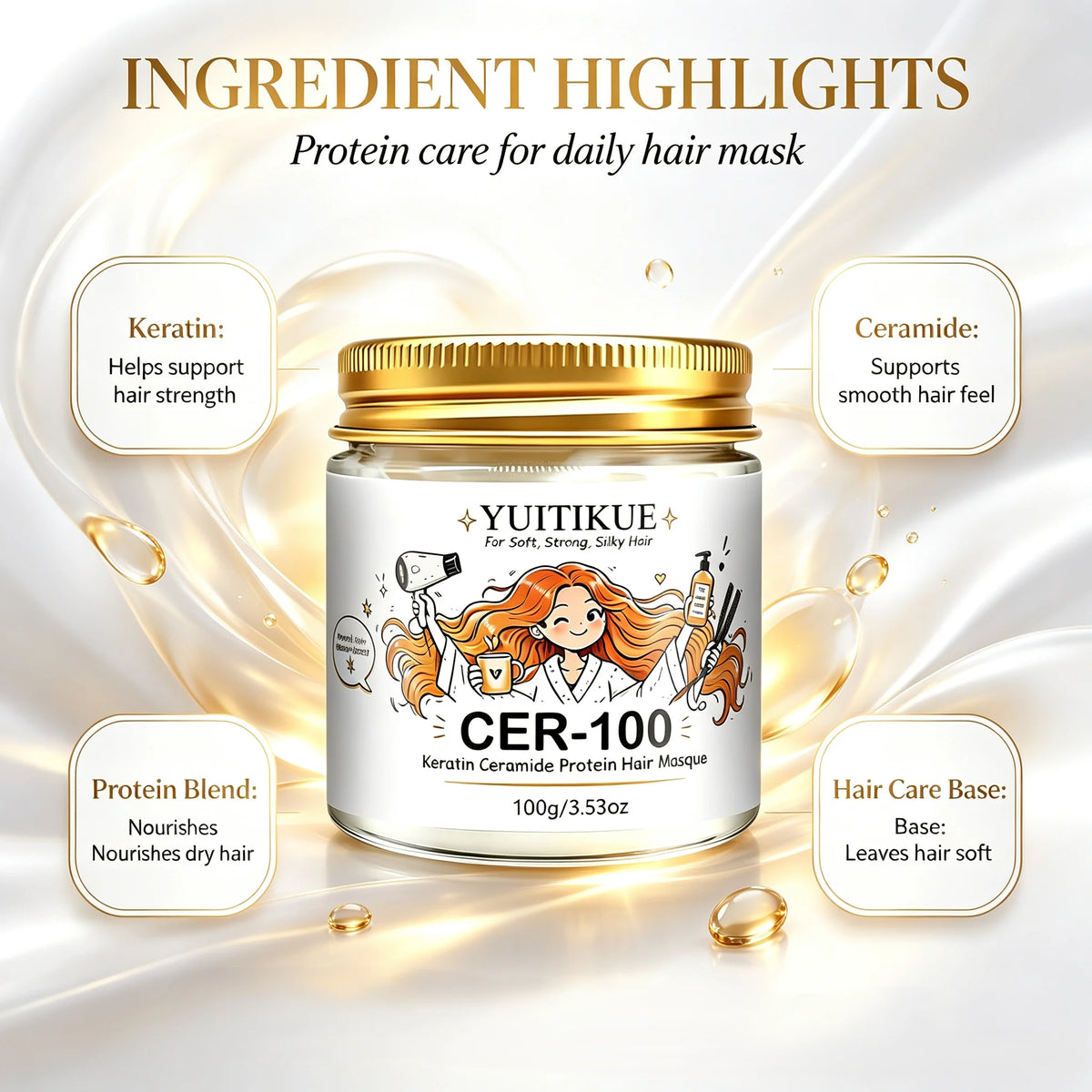 YUITIKUE Keratin Ceramide Hair Masque CER-100 Deep Moisturizing Treatment Mask For Silky Soft Strong Hair
