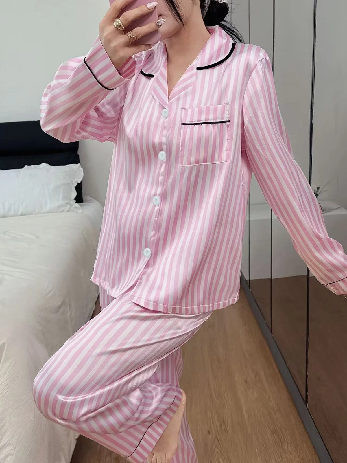Women Satin Pink Striped Print Pajama Sets Victorian Style Sleep Tops With Pants Comfortable Silk Sleepwear Loungewear 2Pcs