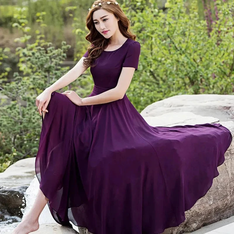 Summer Dress Women 2025 New Bohemian Beach Long Chiffon Dress Elegant Ladies Short Sleeve 5XL Sundress Women's Clothing Vestidos