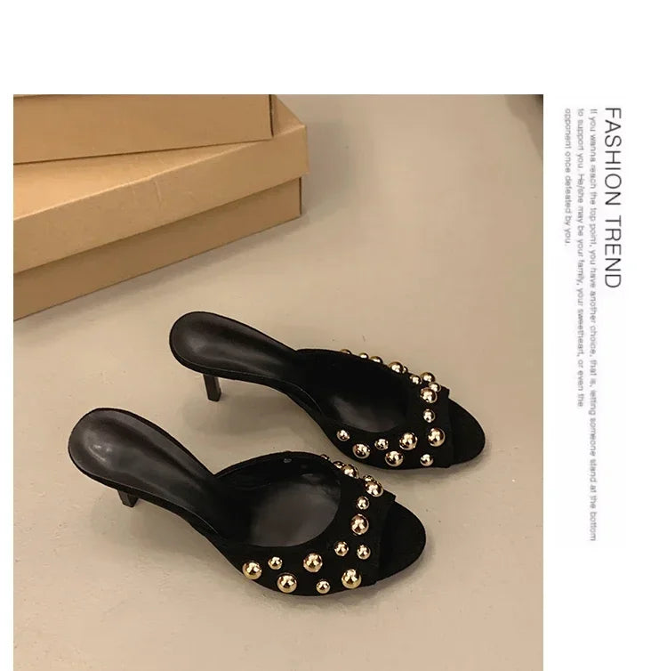 2026 Summer New Women's Shoes Black Velvet Effect Studded Backless One-foot Stiletto Sandals Women's High Heels Zapatos De Mujer