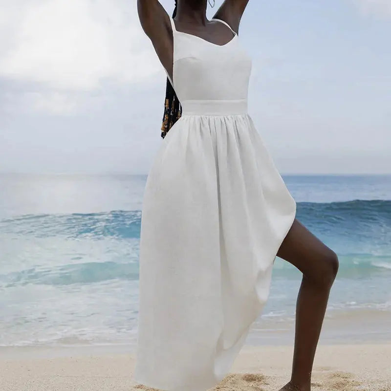 Sleeveless Backless Long Dresses Women Summer Sexy Elegant V-Neck Solid Chic Holiday Beach Dresses Vintage Female Party Vestidos