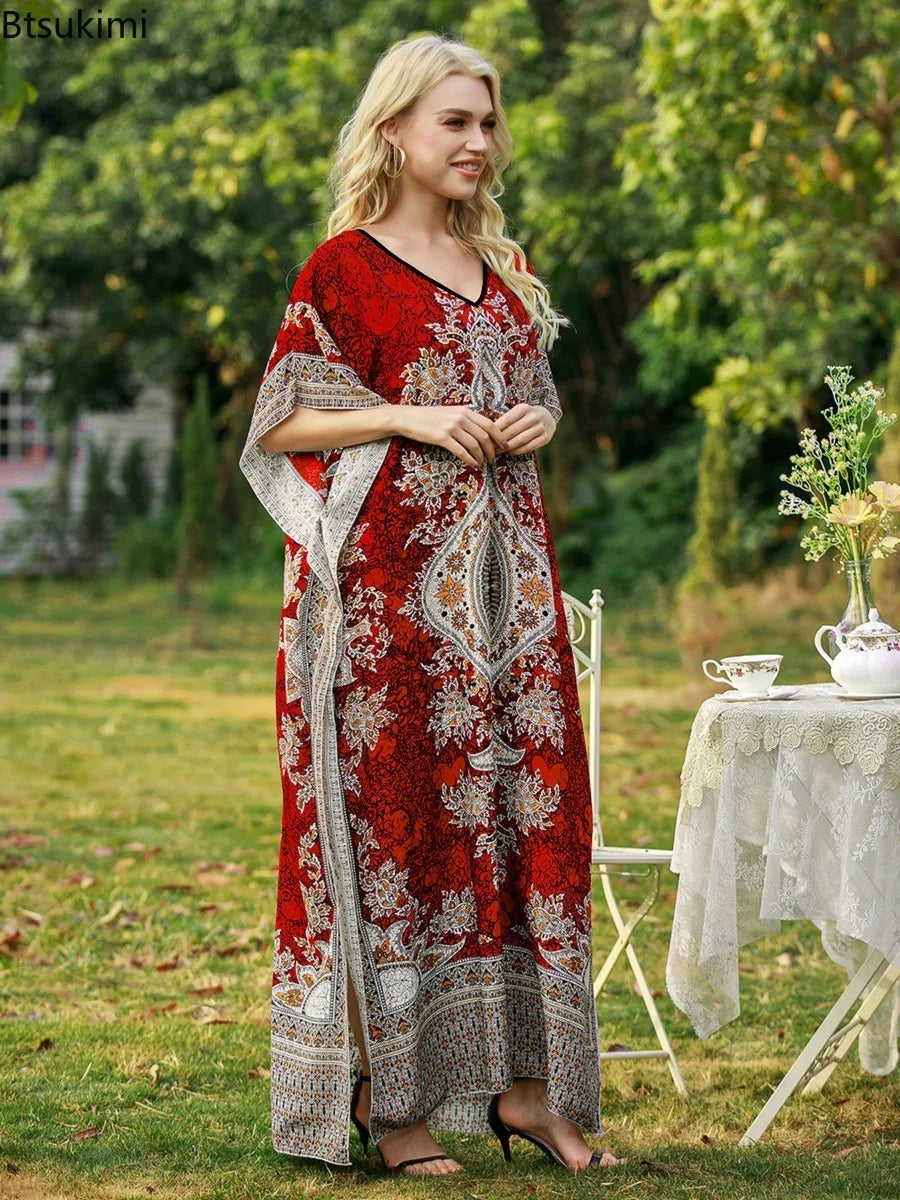Bohemian V-neck Vacation Dresses for Women Summer Loose Casual Beach Dress Sunscreen Ethnic Printed Long Dress Middle East Robe