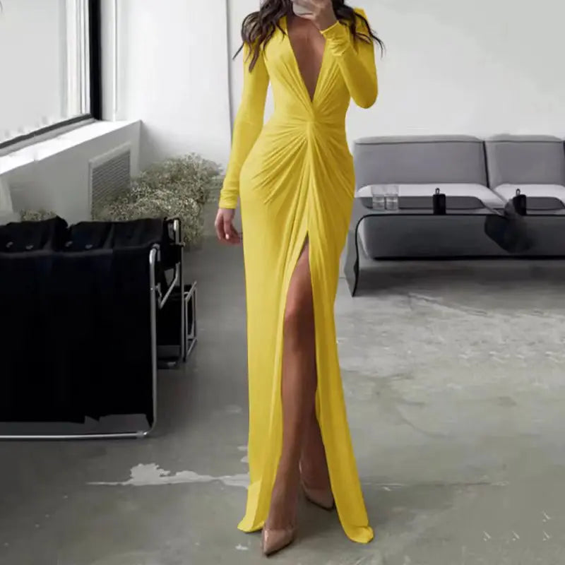 2026 Sexy Bodycon Dresses for Women Slim Fit Deep V-neck Party Prom Evening Party Club Dress Hem Split Outfits Evening Vestidos