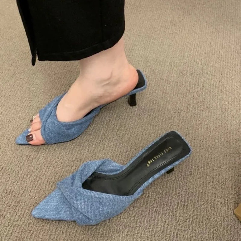 New Summer Women's Shallow Pointed Toe Thin High Heels Women Slippers Wedding Sandals Fashion Mule Slides Shoes Zapatos Mujer