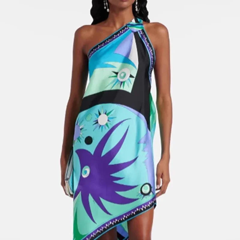 Vestidos Mujer Sexy One-shoulder Straps Dress Woman Spring Print Irregular Satin Dress Summer Skew Collar Vacation Beach Dresses