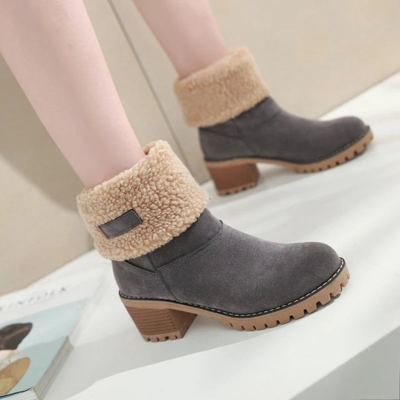 Womens Boots Female Winter Shoes Fur Snow Boots Warm Plush Women's Shoes Square High Heel Ankle Boots Black Botas De Mujer