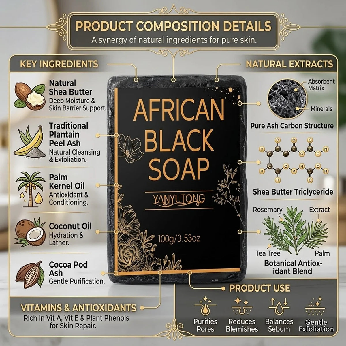 African Black Soap, Contains Shea Butter Oil, Moisturizing Cleansing Soap, Deep Cleansing, Hydrates the Skin, Enhances Skin Tone