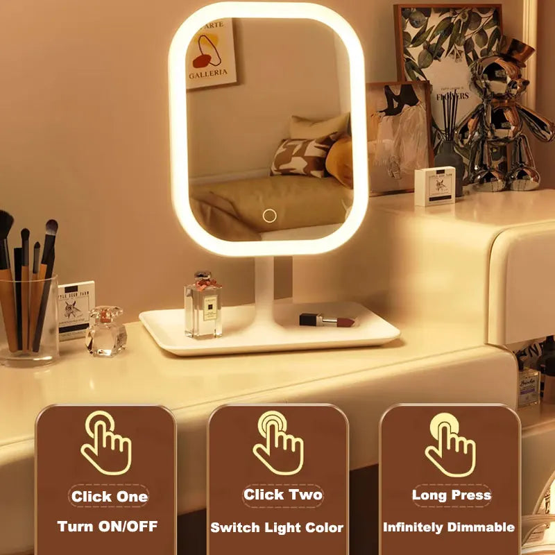 LED Makeup Mirror with 3 Colors Light Desktop Vanity Mirror Touching Mirror with Storage Base Portable