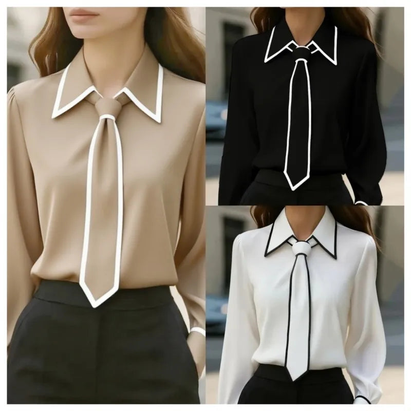 Women's Blouse Fashion Shirt Formal Bow Tie Long-sleeve Contrasting Trim Tops Slim-fit Workwear Elegant Office Lady Shirts Women