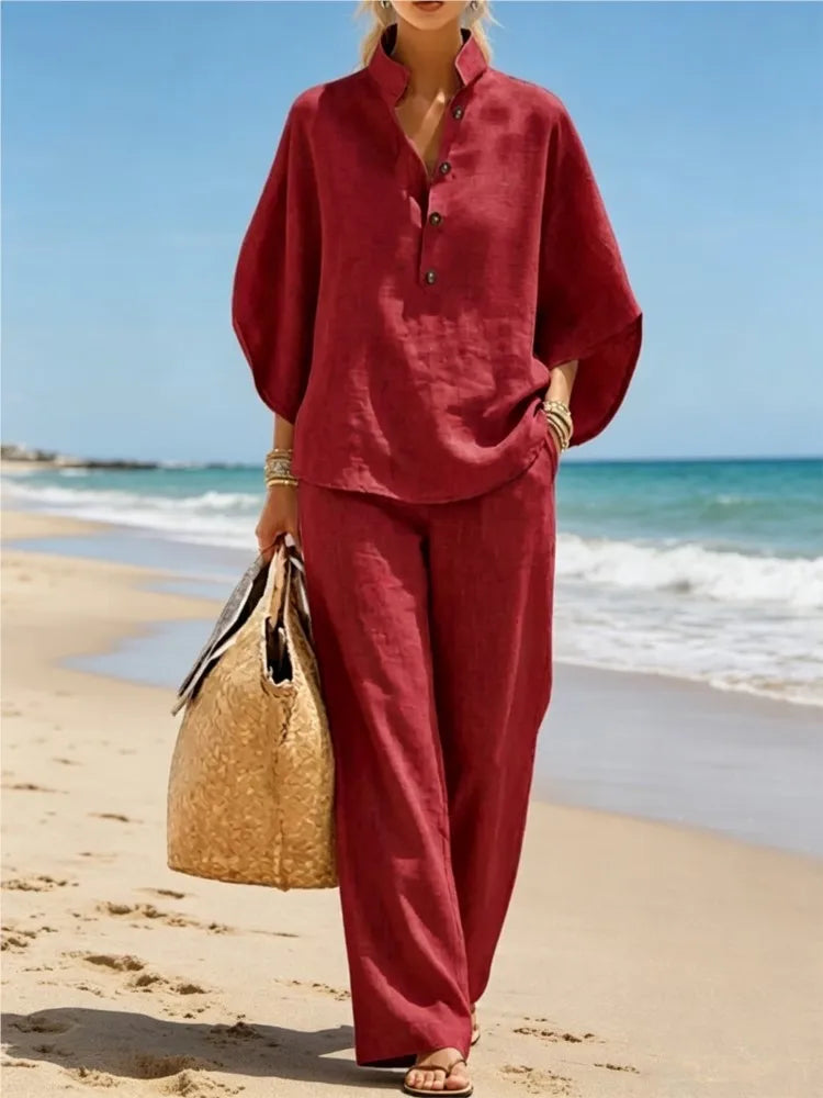 New Women's Casual Shirt Suit Fashion Elegant Balck Holiday Party 2 Piece Set Wide Leg Trousers 2-piece Set Retro Female Office