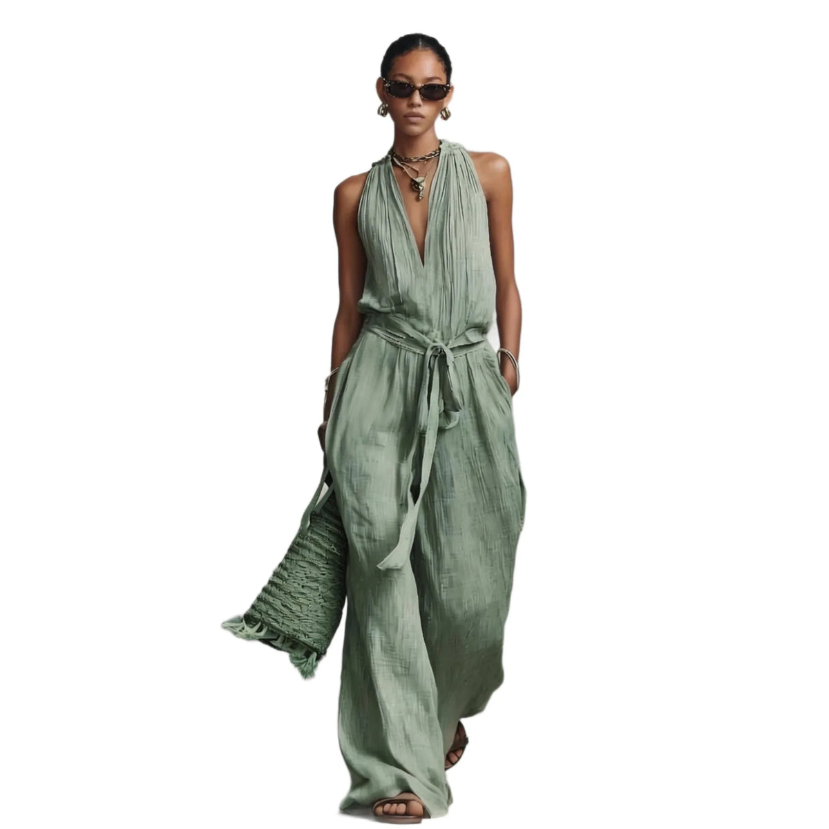 Summer Vestidos Women's Linen Hanging Neck Backless Lace Up Jumpsuit Holiday Sleeveless Solid Color Casual Loose Jumpsuit Dress