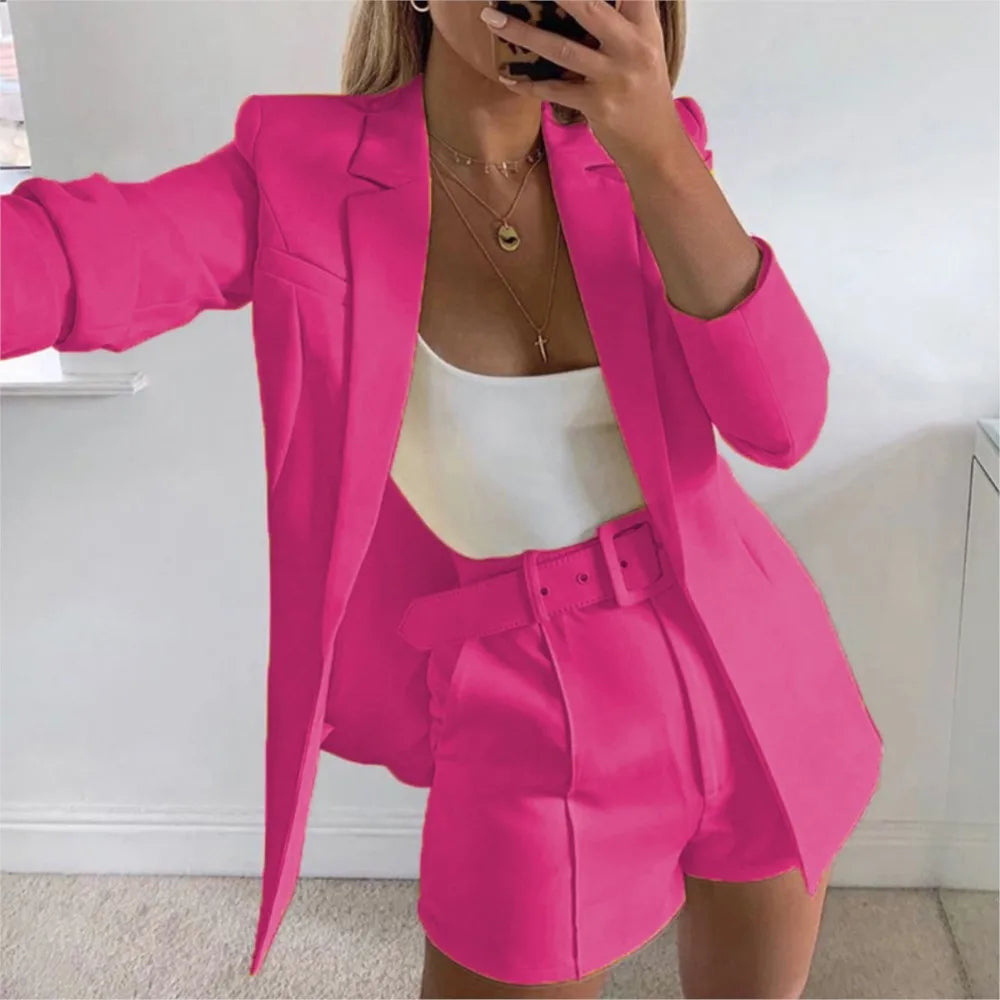 Women's Fashion Suit Two-piece Sets Lapel Long Sleeve Cardigan Top+Shorts 2025 Spring And Autumn Sexy Suit Casual Office Ladies