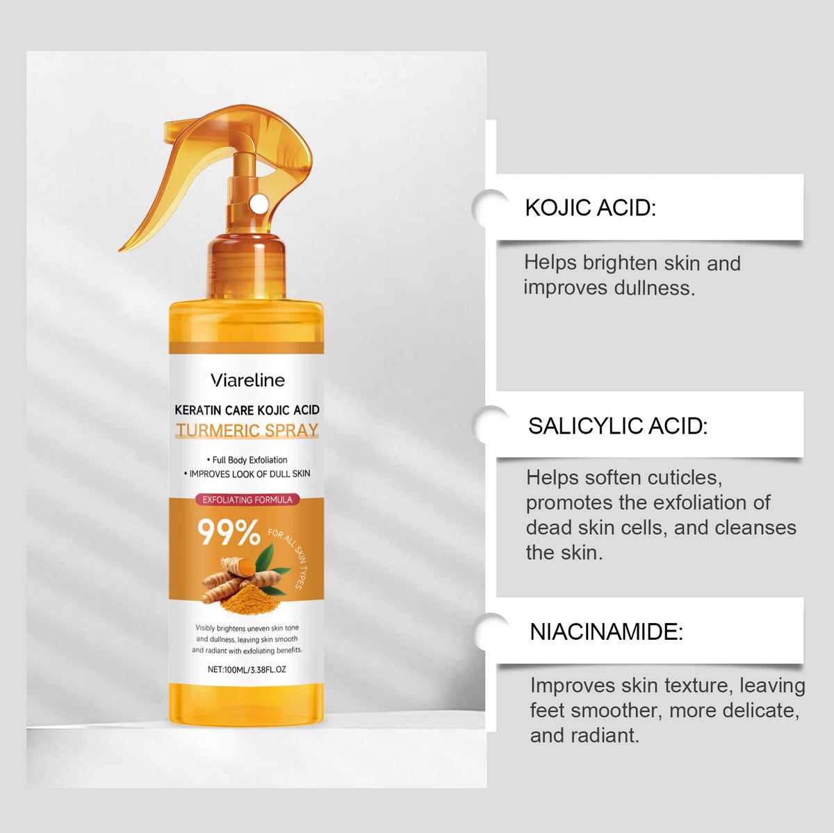 Keratin Care Kojic Acid Turmeric Spray Brightens Uneven Skin Tone Improves Dullness Full Body Use Skin Spray Smooth Skin