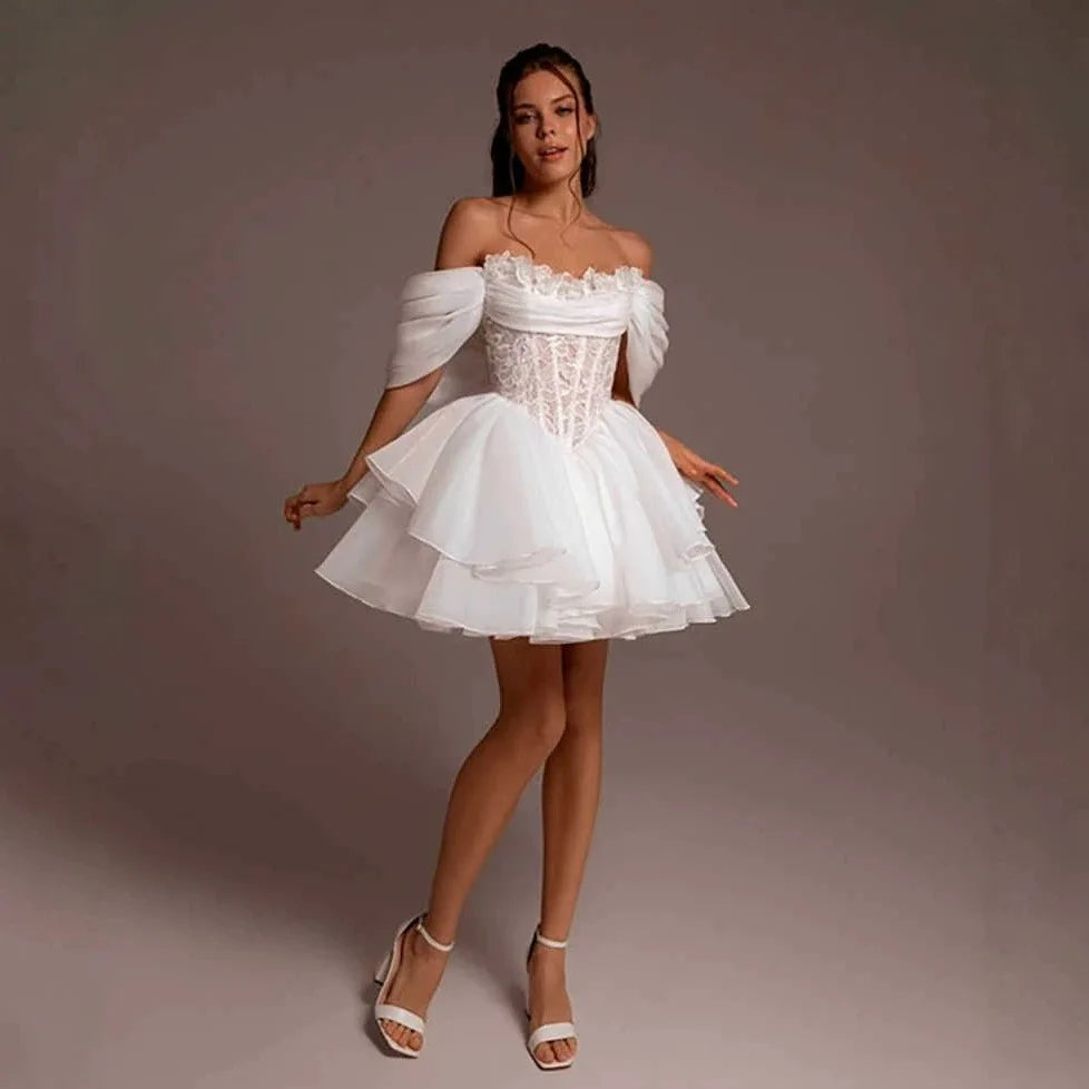 White Short Bridal Gowns White Cintage Off Shoulder A Line Pleat Wedding Dresses Customized Bride Dress Vestido De Novia
