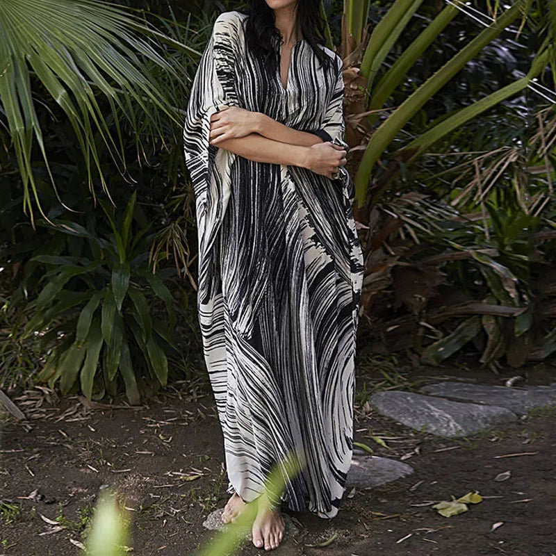 Women's Dress Fashion Beach Vacation Striped Printed Robe 2023 Summer New Casual Vintage Loose Waist V-Neck Long Dresses Female