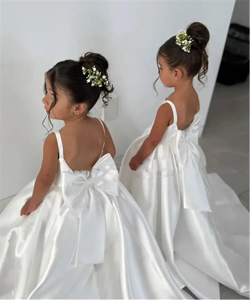 White Flower Girl Dress With Bow Strap Mini Bridal Wedding Dress Kids Ball Gown 1st Communion Frock Vestidos Customized