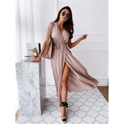 2026 Summer Bohemian Dresses For Ladies Vestidos Dress Woman Women's Clothing Slim Short Sleeves V-link Leace-up Slit Polka Dots