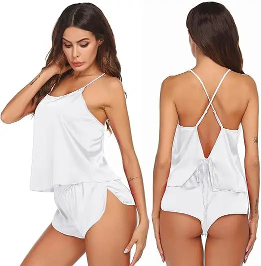 Silk Pajamas Set for Women Satin Backless Lingerie Pjs Cami Top and Shorts Nightwear Sexy Satin Lingerie Pjs Cami Top