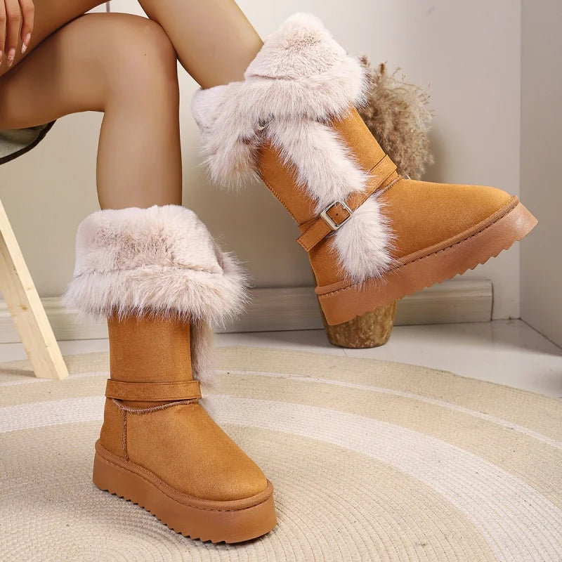 *Fashionable Hot Selling Sexy Warm Snow Boots for Women Winter New Round Toe Thick Sole Comfortable Casual Mid Length Boots