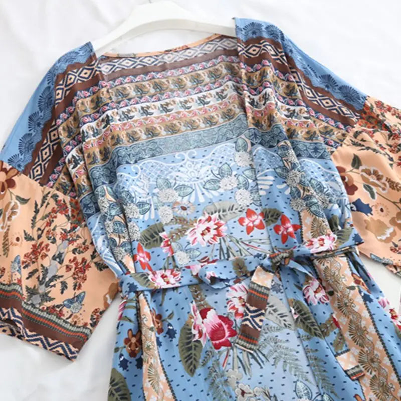 Women's Beach Swimsuit Cover Up Bohemian Floral Print Long Sleeve Cape Drawstring Front Slit Robe Perfect For Beach Vacation