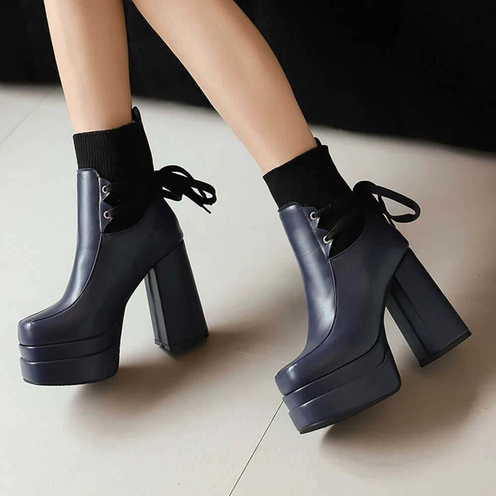 Botas De Mujer Spring Autumn Short Boots Womenthick High Heels Dress Round Head Goth Platform Boots Plus Size 34-50 338-35