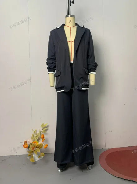 Women Suit Jacket Pants 2 Pieces Set Coat Wide Leg Trousers Outfits Single Breasted Turn Down Collar Office Lady Ensemble Autumn