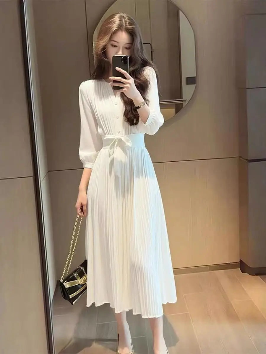 Temperament White Chiffon Dress Women 2026 Spring Summer New Fashion Vestidos Unique Beautiful Elegant Simple Ladies Dresses