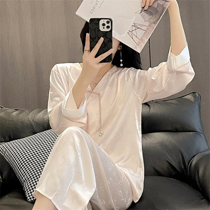 Pijama Feminino Fashion New Silk Satin Sleepwear Set Vintage Style Home Clothing Autumn Winter Pajamas For Women Sleeping Wear