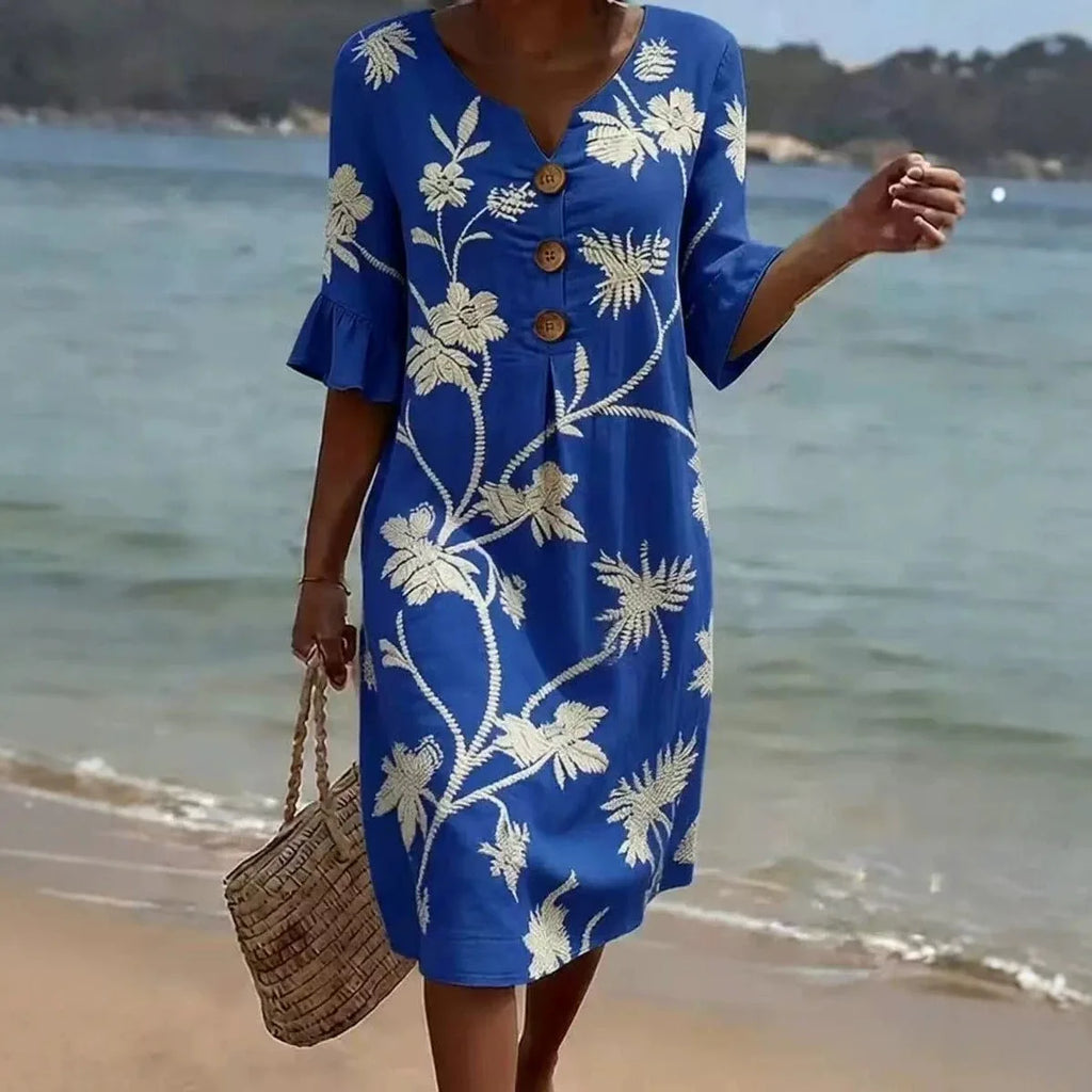 Summer Vintage Printed Dress Women Casual V Neck Half Sleeve Button Design Midi Dresses For Women Loose Beach Holiday Dress Boho