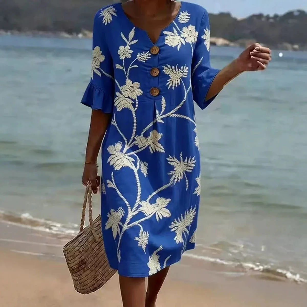 Summer Vintage Printed Dress Women Casual V Neck Half Sleeve Button Design Midi Dresses For Women Loose Beach Holiday Dress Boho