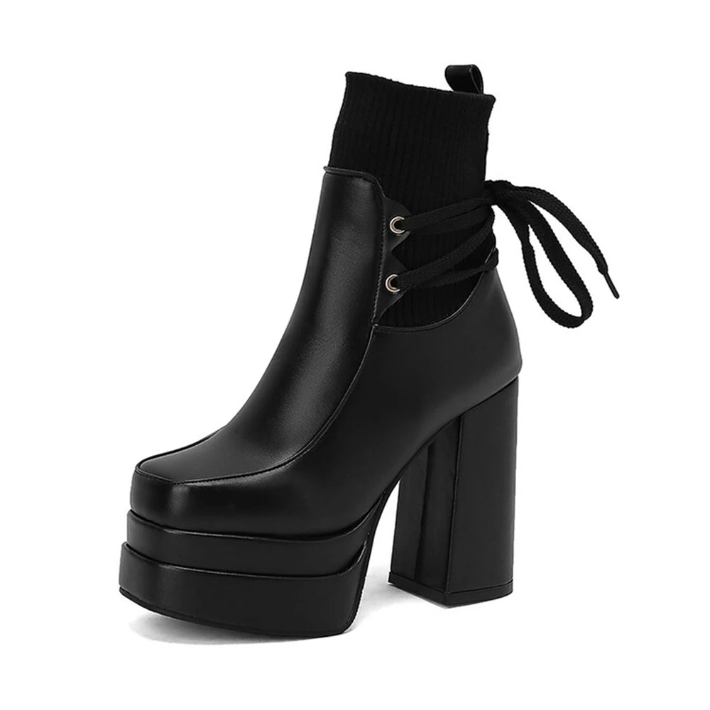 Botas De Mujer Spring Autumn Short Boots Womenthick High Heels Dress Round Head Goth Platform Boots Plus Size 34-50 338-35