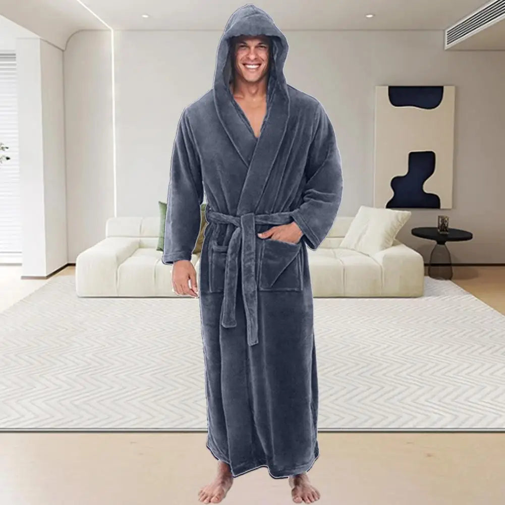 Plush Bathrobe Luxurious Men's Hooded Bathrobe with Adjustable Belt Ultra Soft Absorbent Male Robe with Pockets Plush Solid