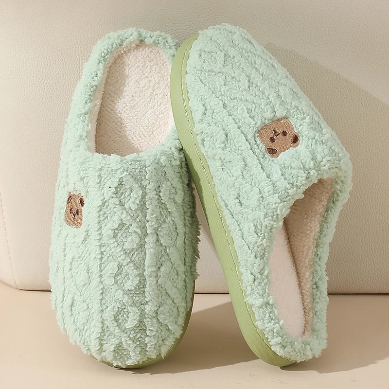 Cozy Cartoon Bear Home Slippers for Women 2025 Winter Plush Warm Flat Cotton Shoes Woman Non Slip Unisex Indoor Bedroom Slippers