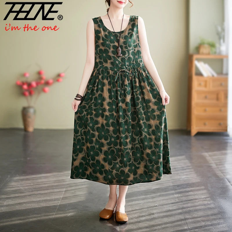 Vestidos De Mujer Summer Dress for Women Floral Print  Cotton Linen Retro New Sleeveless Pullover A-line Loose Long Maxi Dresse