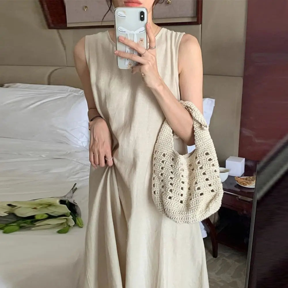 Elegant Solid Summer Sleeveless Dress Round Neck Hollowed Out Vocation Vest Dresses Beachwear Simple Open Back Long Dress Party