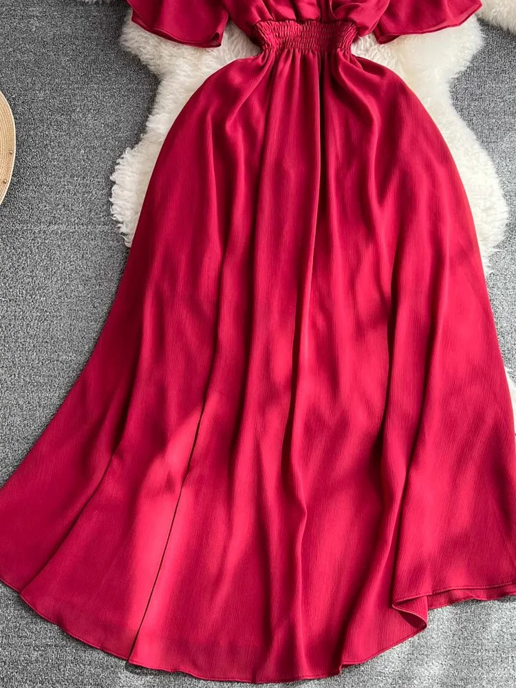 Summer Vintage Women Long Dress Elegant V-Neck Short Sleeve High Waist A-Line Bandage Maxi Robe Vacation Beach Vestidos 2025 New